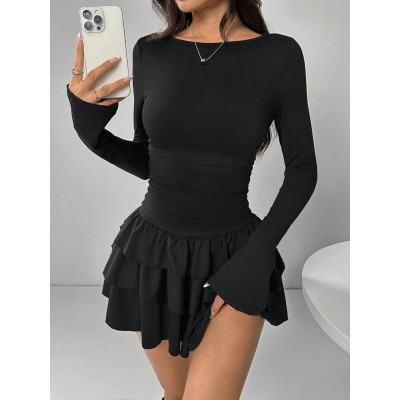 CZARNA SUKIENKA DAMSKA DŁUGI RĘKAW Z FALBANKAMI SHEIN